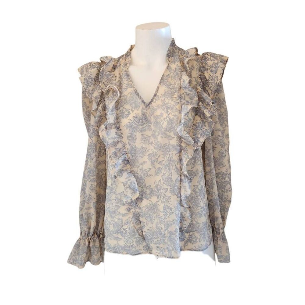 Express women's small blue floral Victorian ruffle long sleeve NWT blouse